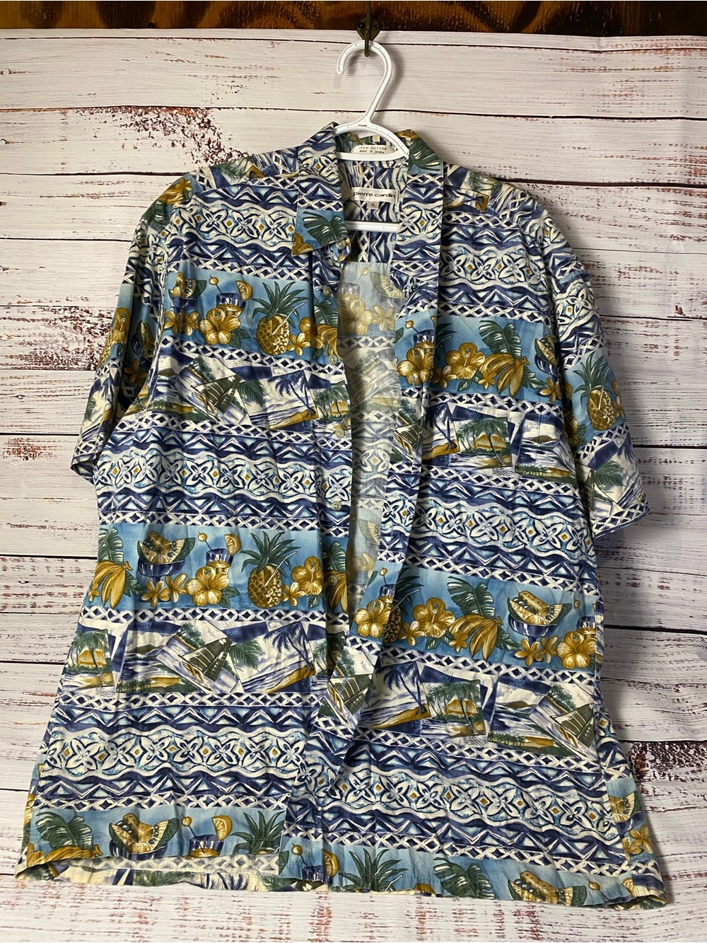 VTG 1970’s Pierre Cardin Blue & Gold Tropical Print Button-Up Shirt Sz-L